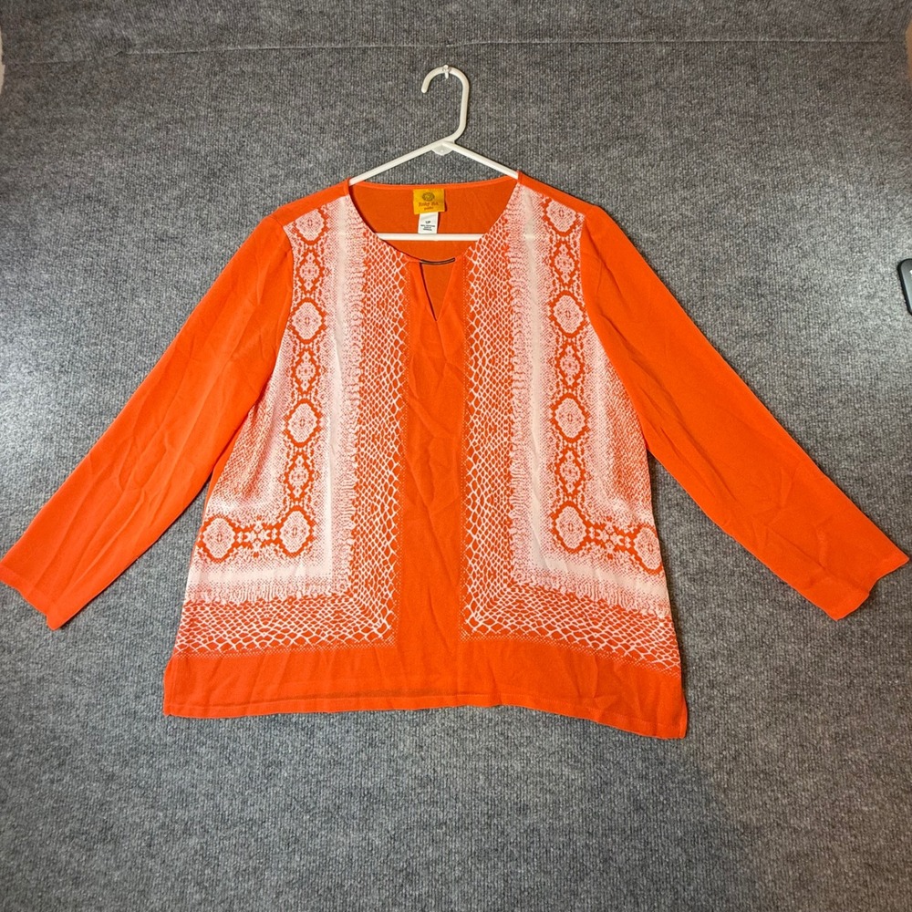 Ruby Rd Petite Orange Snakeskin Print Split Neck Blouse with Gold Bar Size 12P